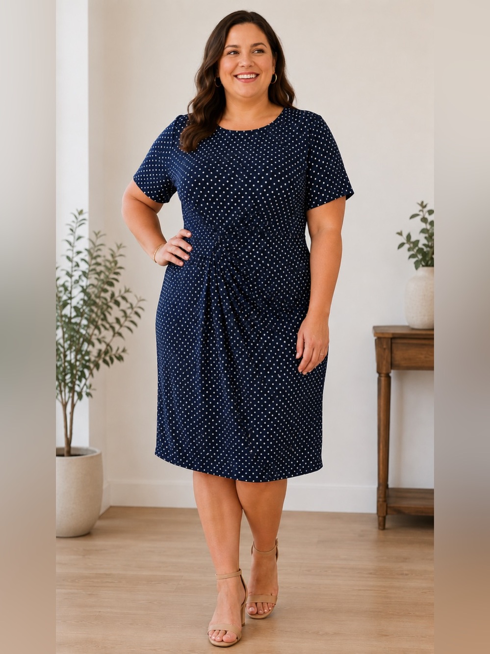 Dressbarn Navy and White Polka Dot Waist Cinching/Ruched Midi Dress 16W